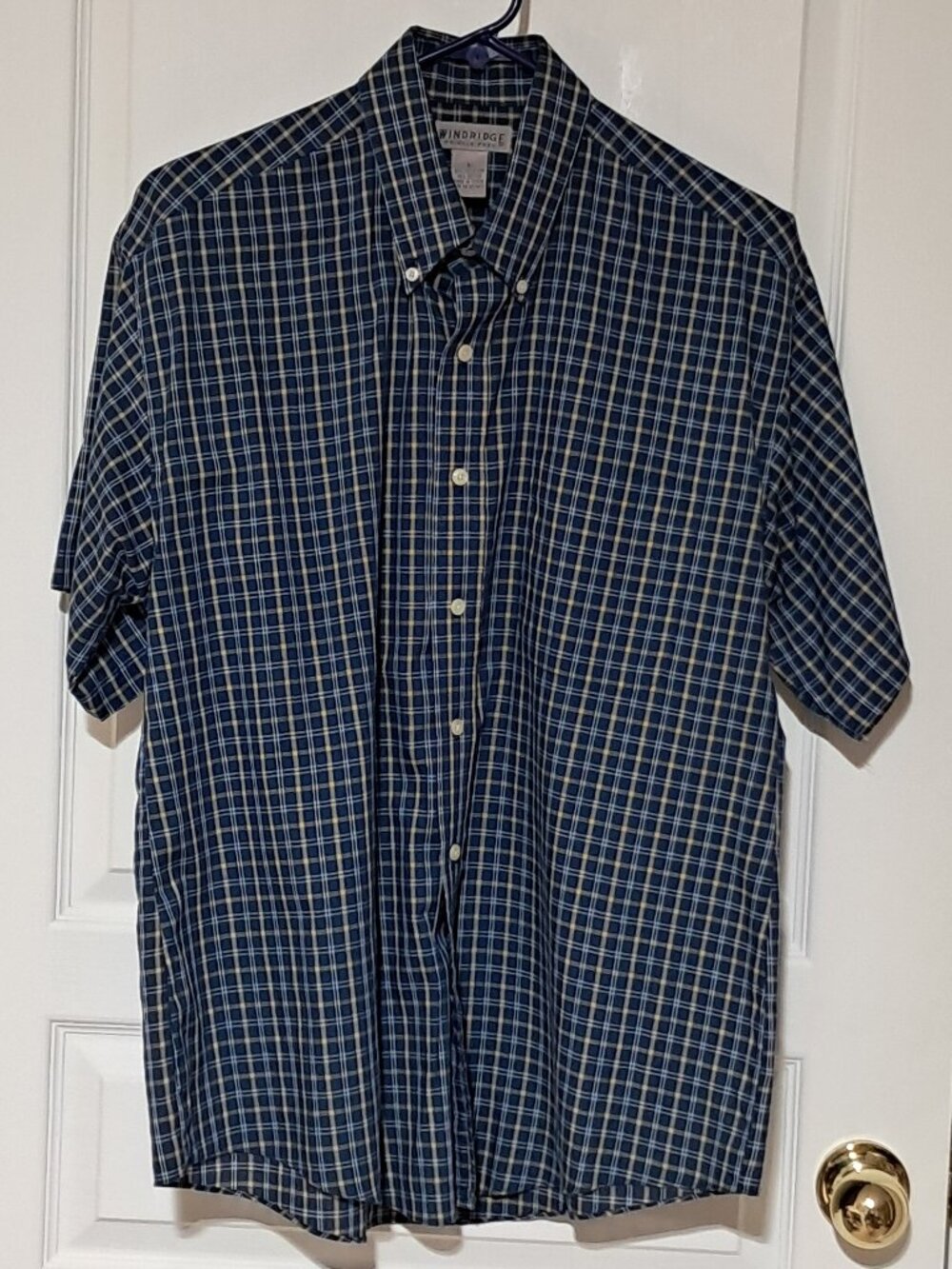 Men's Windridge Wrinkle Free Short Sleeve Blue Plaid Shirt, Size Large
